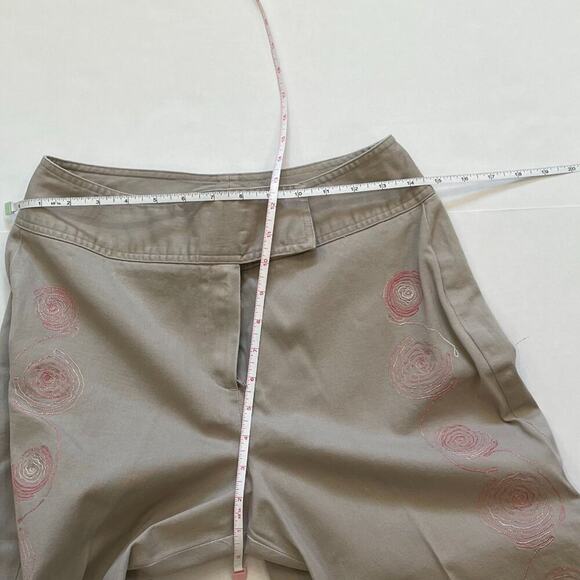 Cotton Stretch Tan/Neutral Cropped Chinos with Pink Floral Embroidery, Size 10 - Picture 7 of 10
